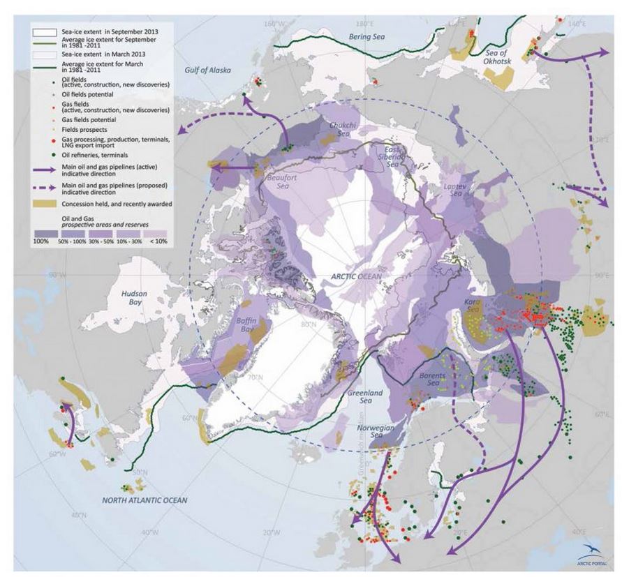 Main Oil and Gas Areas, Mining Sites and Sea-Ice Extent in the Arctic