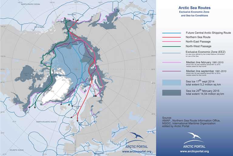 Main Arctic Routes, EEZs, and Ice Conditions