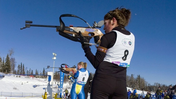 Athletes compete in the snowshoe biathlon in the 2008 Arctic Winter Games.