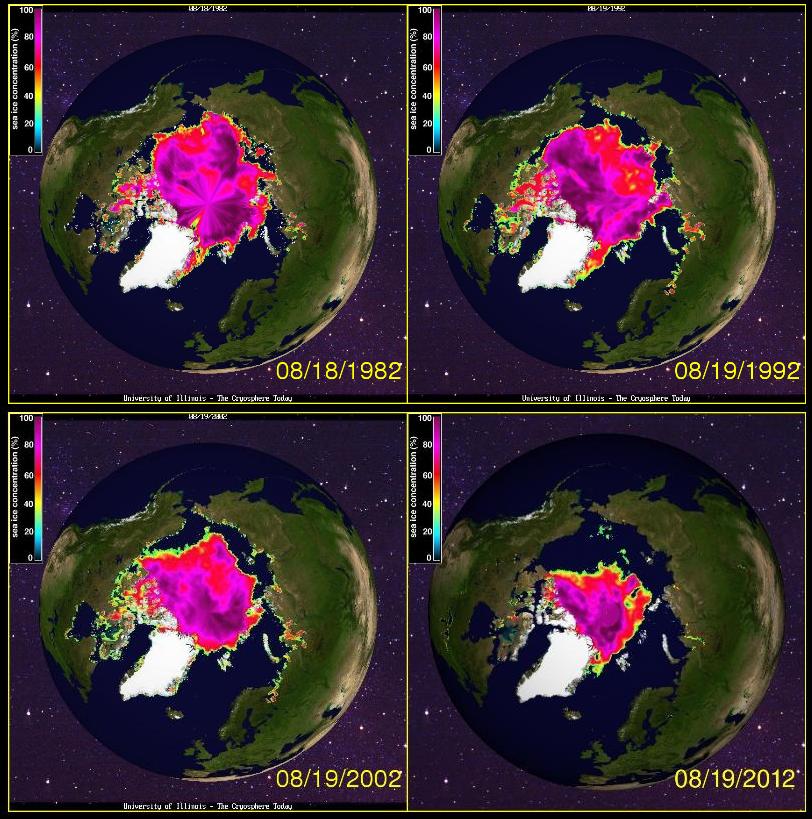 Sea ice extent on the 19th of August in 1982, 1992, 2002 and 2012.