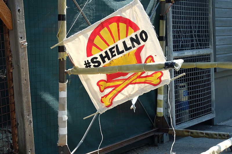 ShellNo banner at Seacrest Park in West Seattle