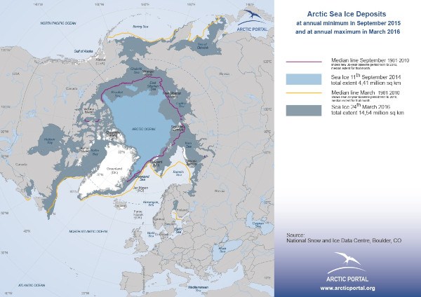 Arctic Portal Map - Arctic Sea Ice, Summer (2015) and Winter (2016), and Median Lines