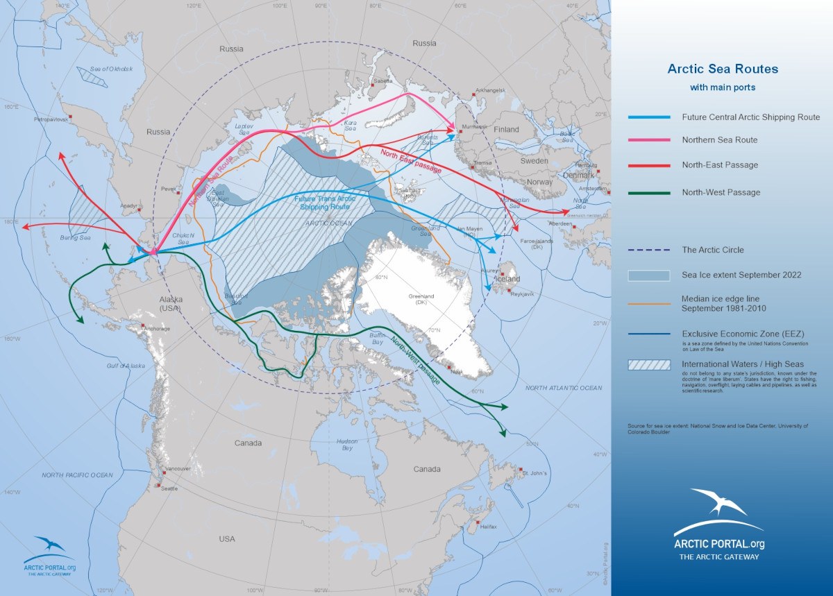 Arctic Portal Map - Arctic Sea Routes with main ports - Northpolar Canada projection