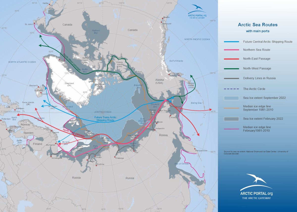 Arctic Portal Map -Arctic Sea Routes with main ports, Northpolar Russia projection