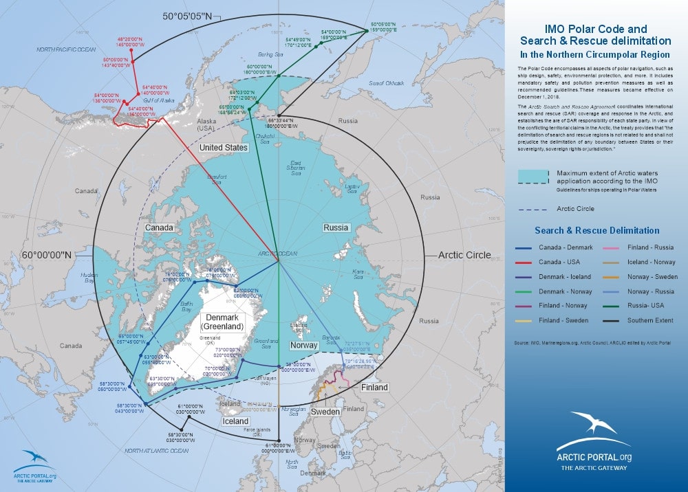 Arctic Portal Map - International Code for Ships Operating in Polar Waters (IMO - Polar Code) and Search and Rescue (SAR) delimitation in the Northern Circumpolar Region