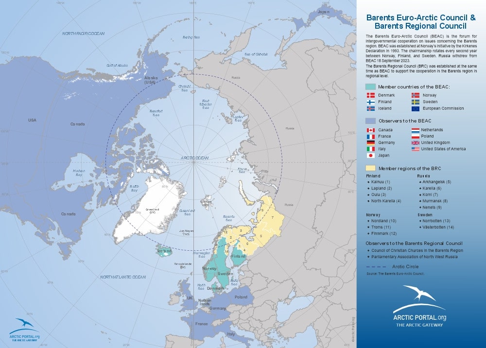 Map: Barents Euro-Arctic Council (BEAC) and the Barents Regional Council (BRC) members and observers