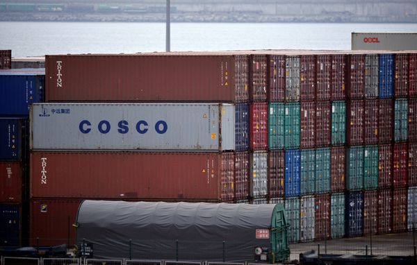 A COSCO container at the Noatum container terminal near Bilboa, in Santurtzi, Spain
