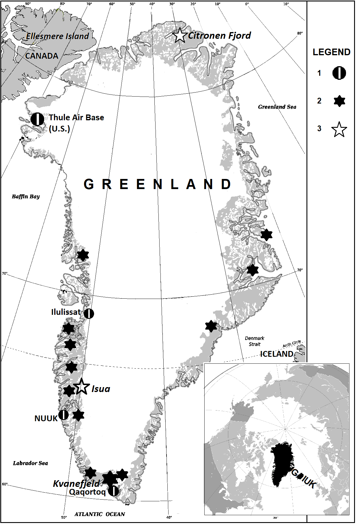 Map of Greenland with actual or potential Chinese and U.S. projects. Legend: 1 airfield/airports, 2 deposits of rare earth elements, 3 Chinese non-REE mining projects.