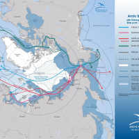 Arctic Sea Routes with main ports and sea ice extent in February and September 2025