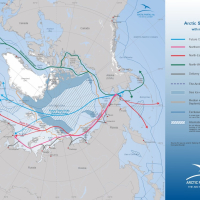 Arctic Sea Routes with main ports and EEZ - Northpolar Russia projection