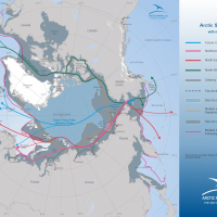 Arctic Sea Routes with main ports - Northpolar Russia projection